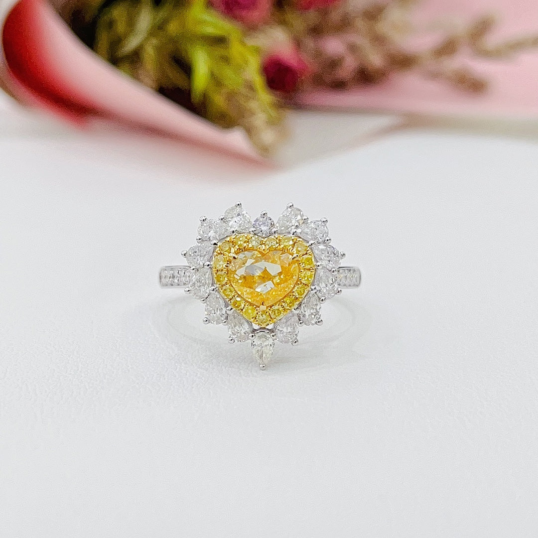 18K Yellow Gold Diamond Heart-Shaped Drop Pendant Ring with Double Surrounding Stones - Premium Jewelry - Yellow