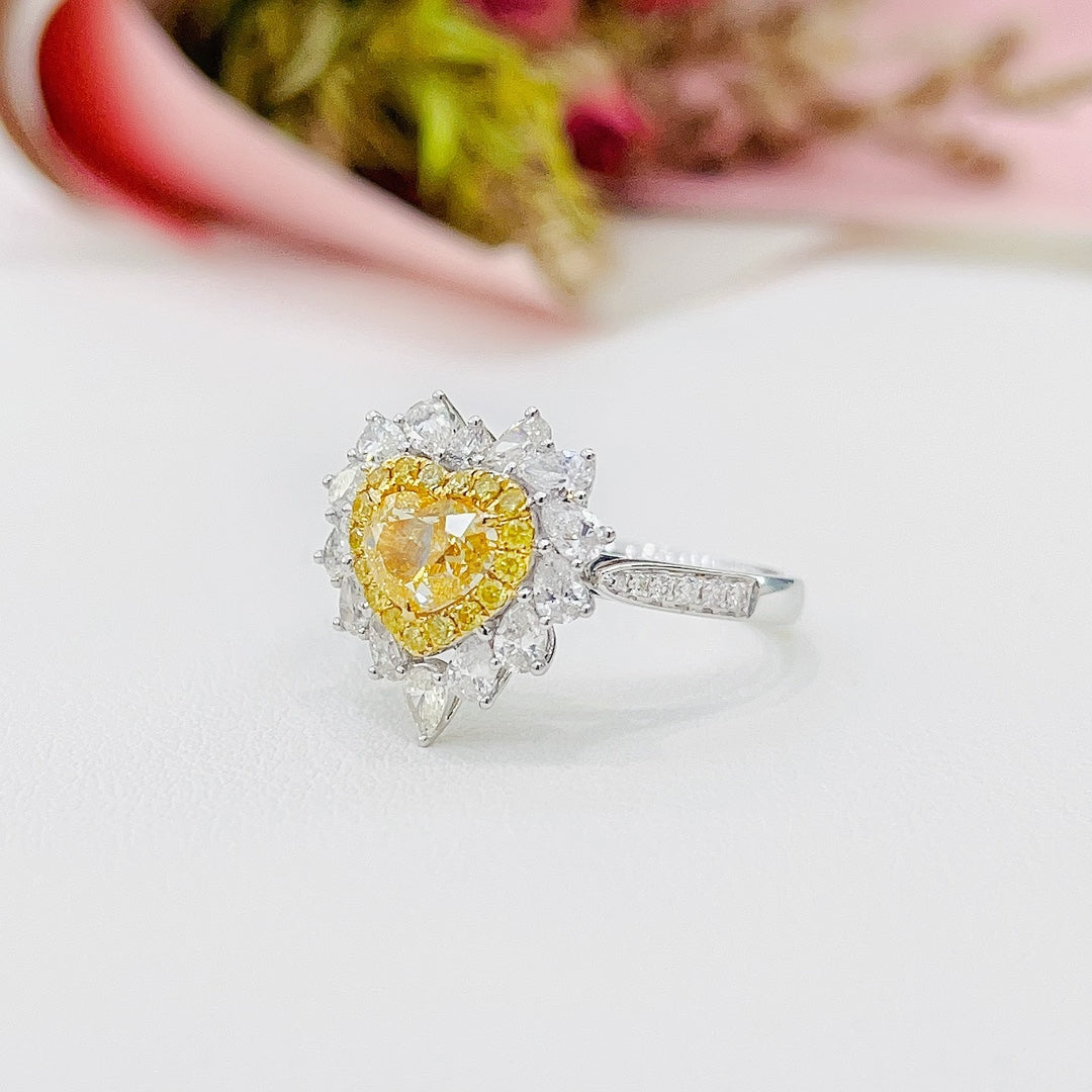 18K Yellow Gold Diamond Heart-Shaped Drop Pendant Ring with Double Surrounding Stones - Premium Jewelry - Yellow