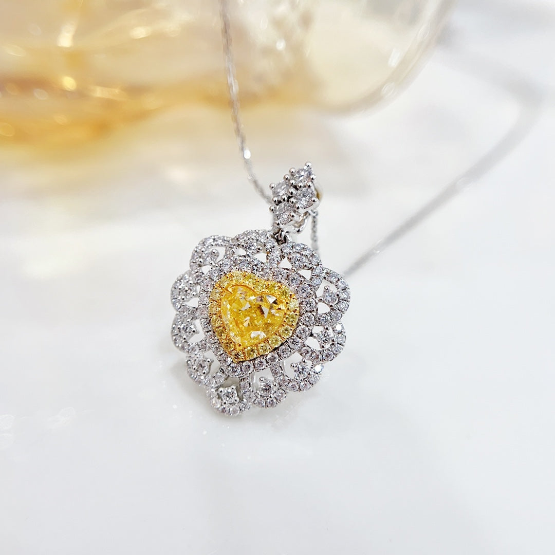 18K Yellow Gold Diamond Heart-Shaped Hollow Necklace with AGL Certificate - Yellow Diamond Necklace