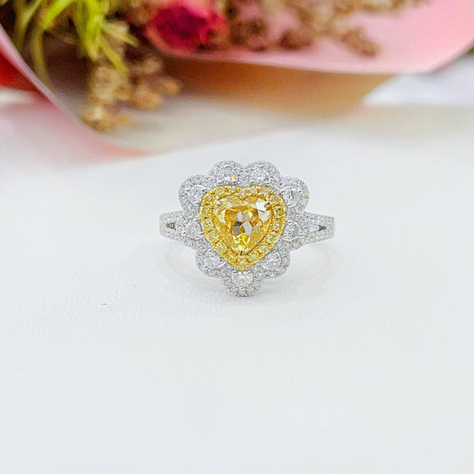 18K Yellow Gold Diamond Heart-Shaped Lace Hollow Ring with AGL Certificate - Yellow Diamond Ring