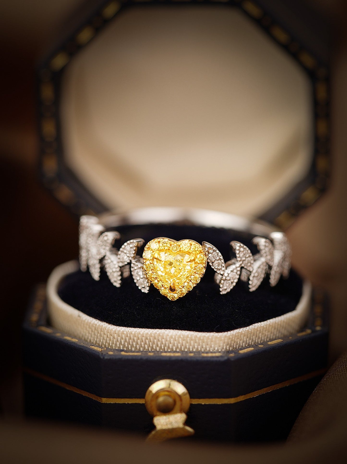 18K Yellow Gold Diamond Heart-Shaped Leaf Ring | Premium Jewelry - Yellow Diamond Ring