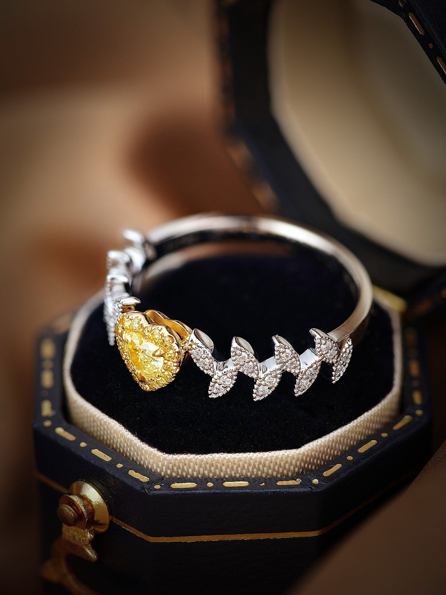 18K Yellow Gold Diamond Heart-Shaped Leaf Ring | Premium Jewelry - Yellow Diamond Ring