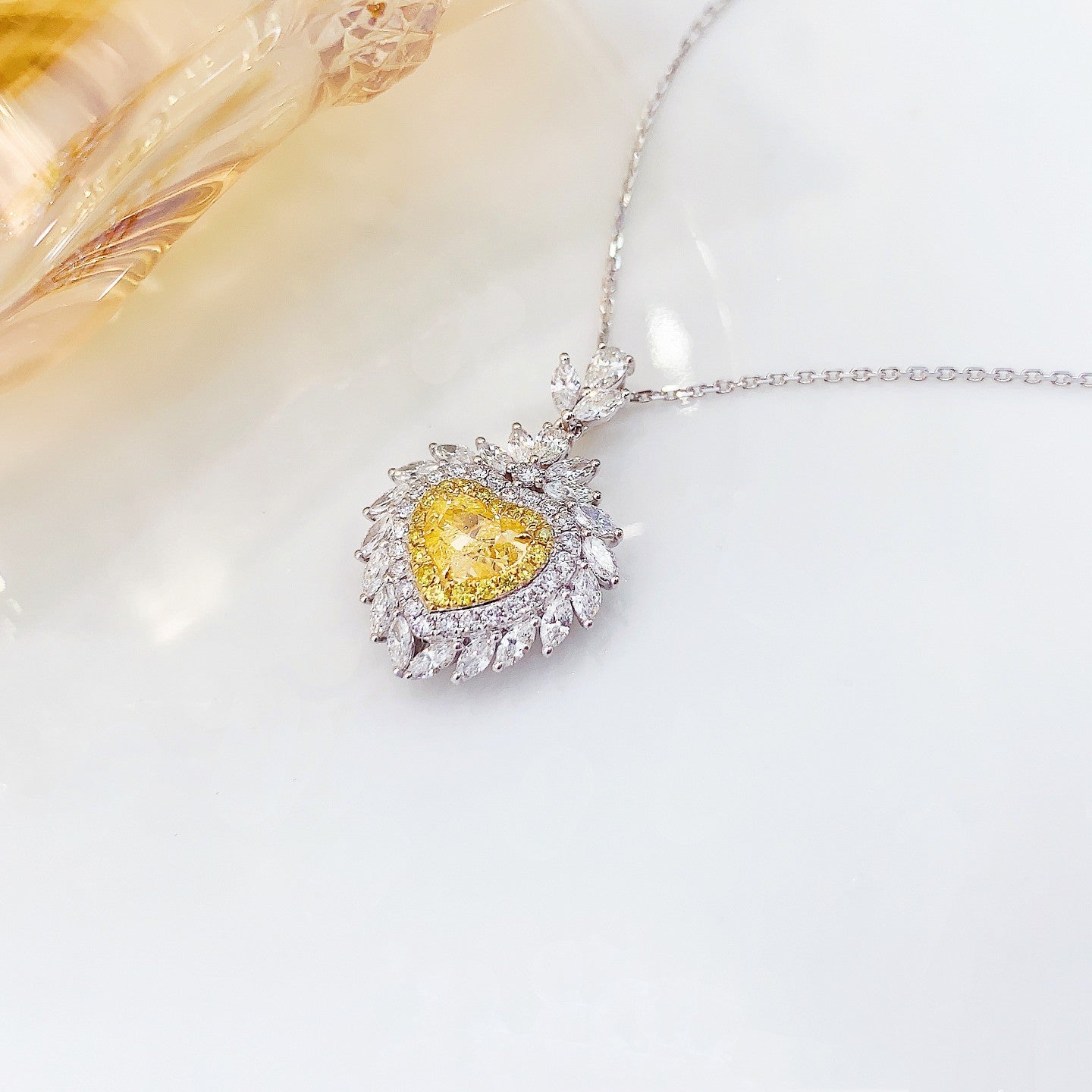 18K Yellow Gold Diamond Heart-Shaped Marquise Flame Necklace with AGL Certificate - Yellow Diamond Necklace