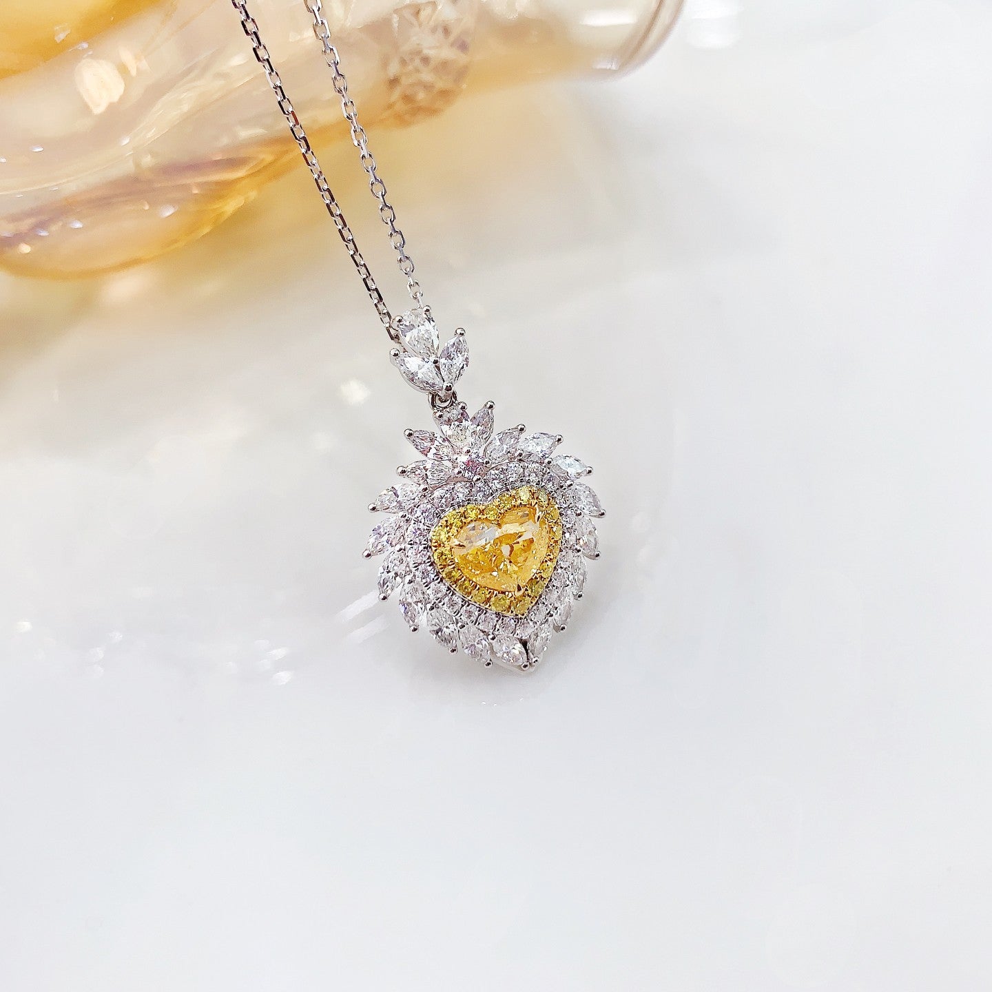 18K Yellow Gold Diamond Heart-Shaped Marquise Flame Necklace with AGL Certificate - Yellow Diamond Necklace