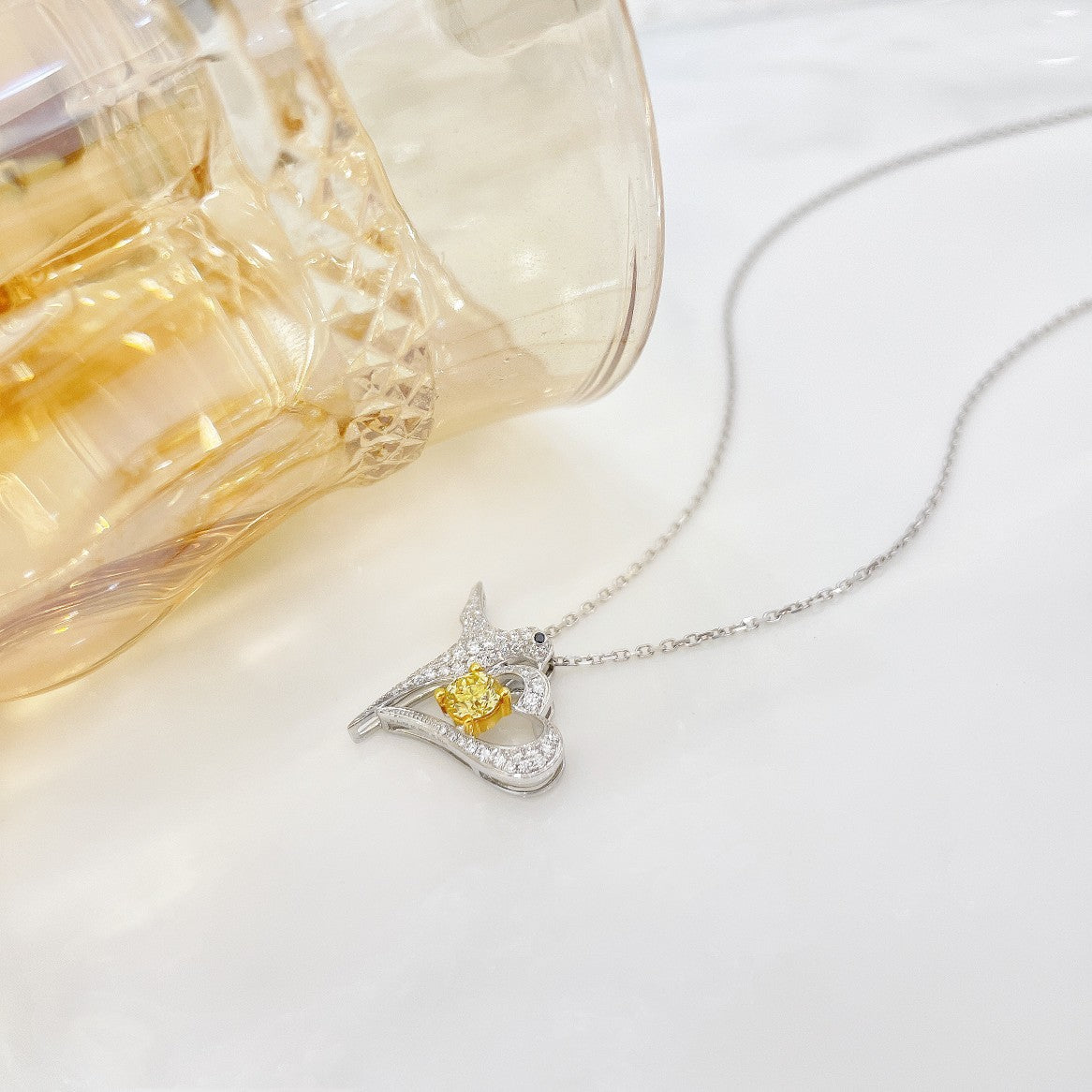 18K Yellow Gold Diamond Heart-Shaped Spring Swallow Jewelry - XL014-Y - Yellow Diamond Necklace