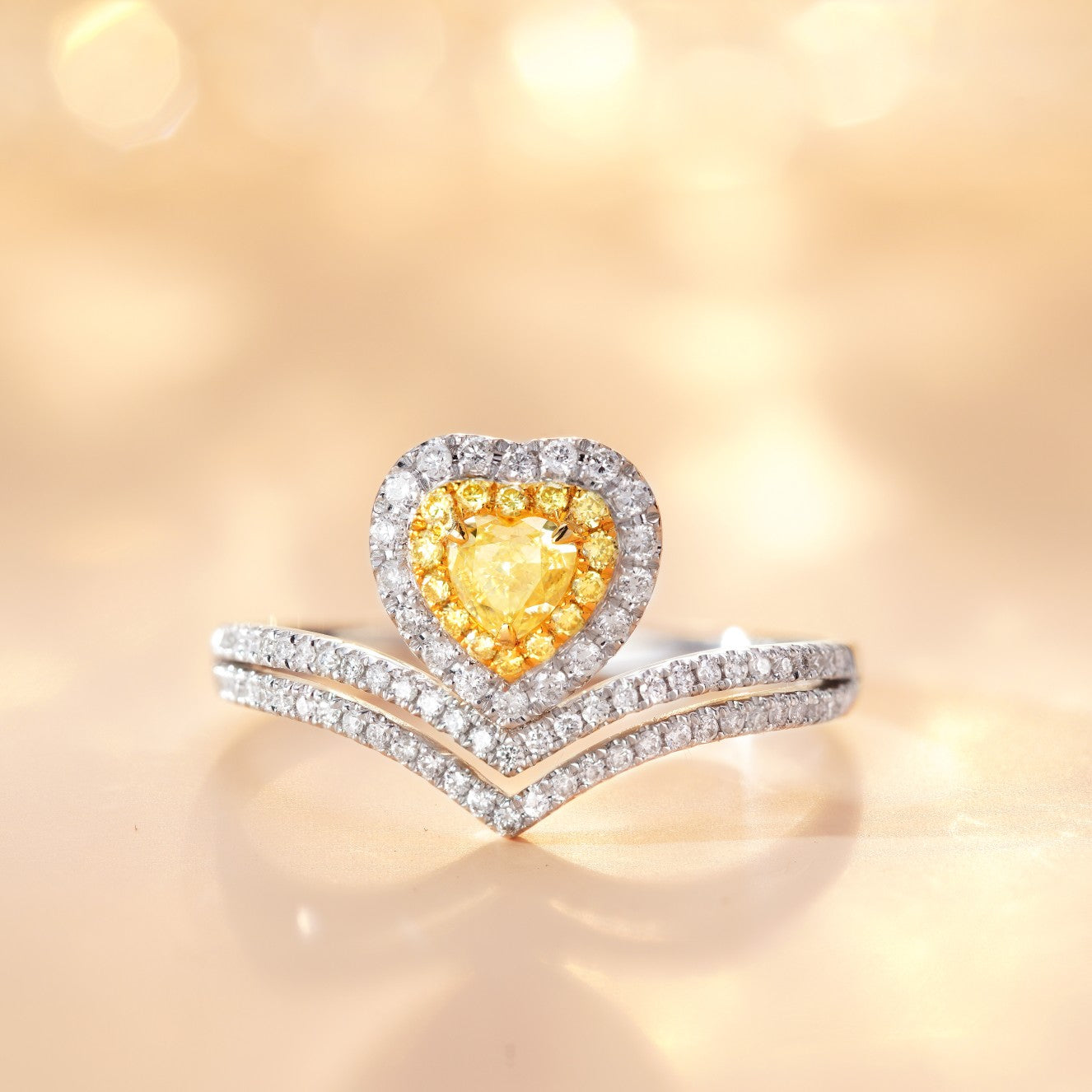 18K Yellow Gold Diamond Heart-Shaped V Ring - Premium Jewelry - Yellow Diamond Ring