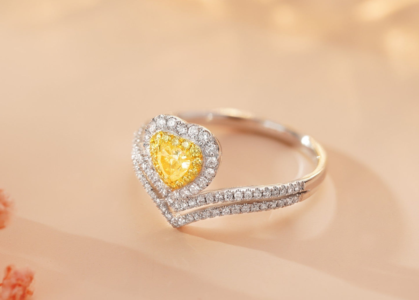 18K Yellow Gold Diamond Heart-Shaped V Ring - Premium Jewelry - Yellow Diamond Ring