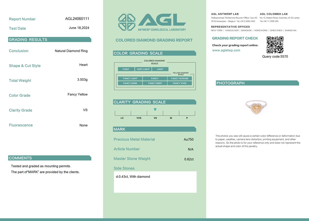 18K Yellow Gold Diamond Heart-Shaped Y-Arm Ring with AGL Certificate - Luxury Jewelry - Yellow Diamond Ring