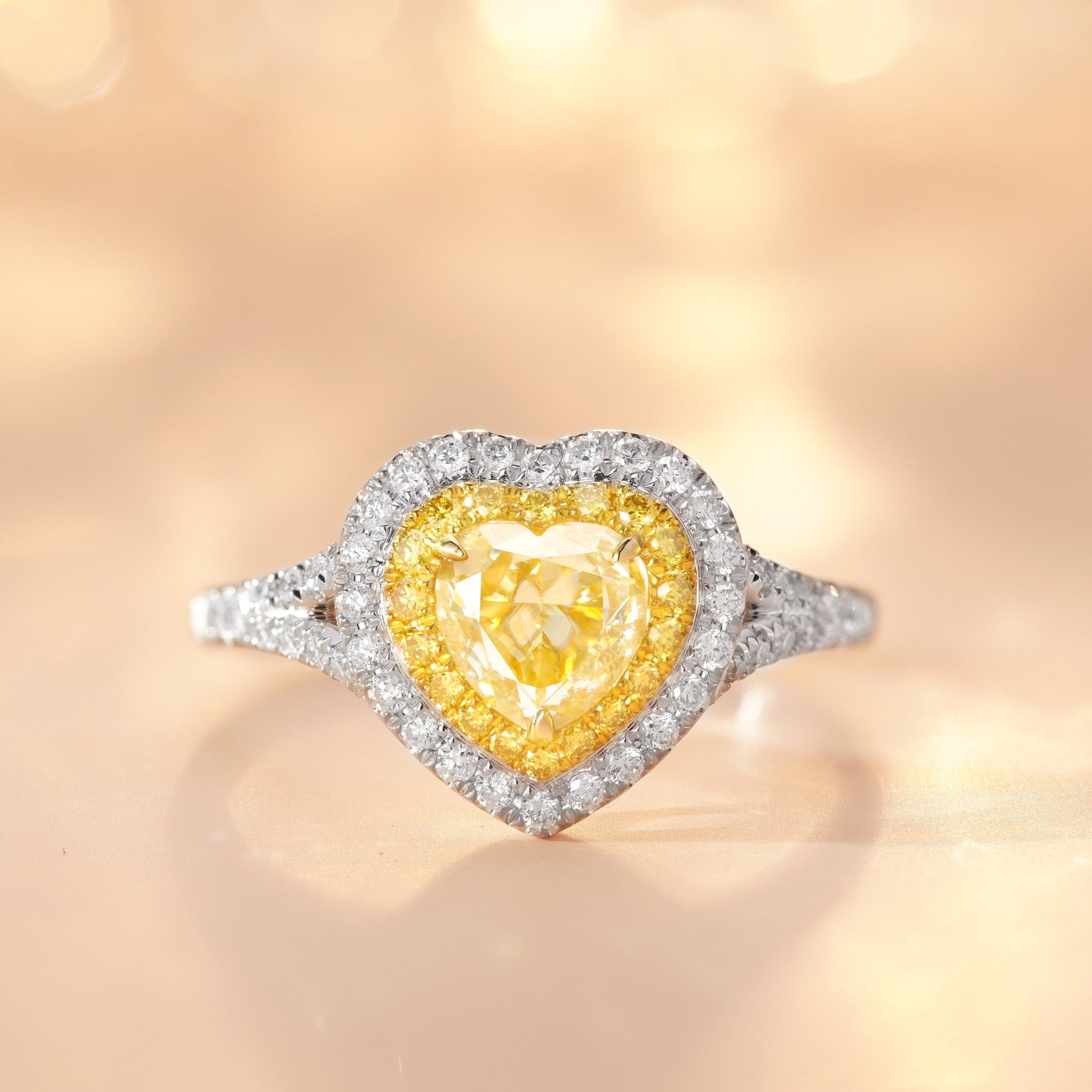 18K Yellow Gold Diamond Heart-Shaped Y-Arm Ring with AGL Certificate - Premium Jewelry - Yellow Diamond Ring