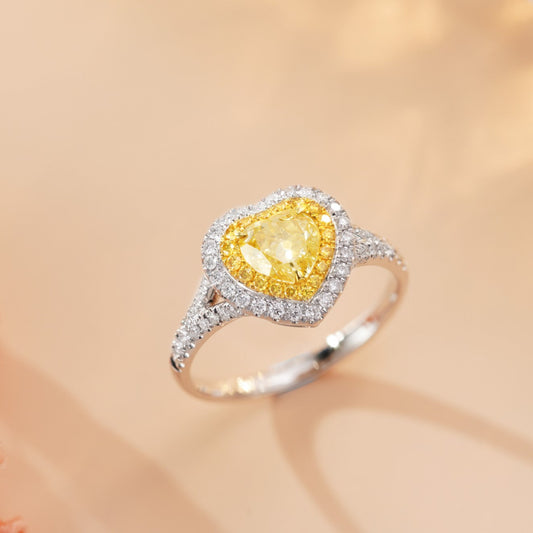 18K Yellow Gold Diamond Heart-Shaped Y-Arm Ring with AGL Certificate - Premium Jewelry - Yellow Diamond Ring