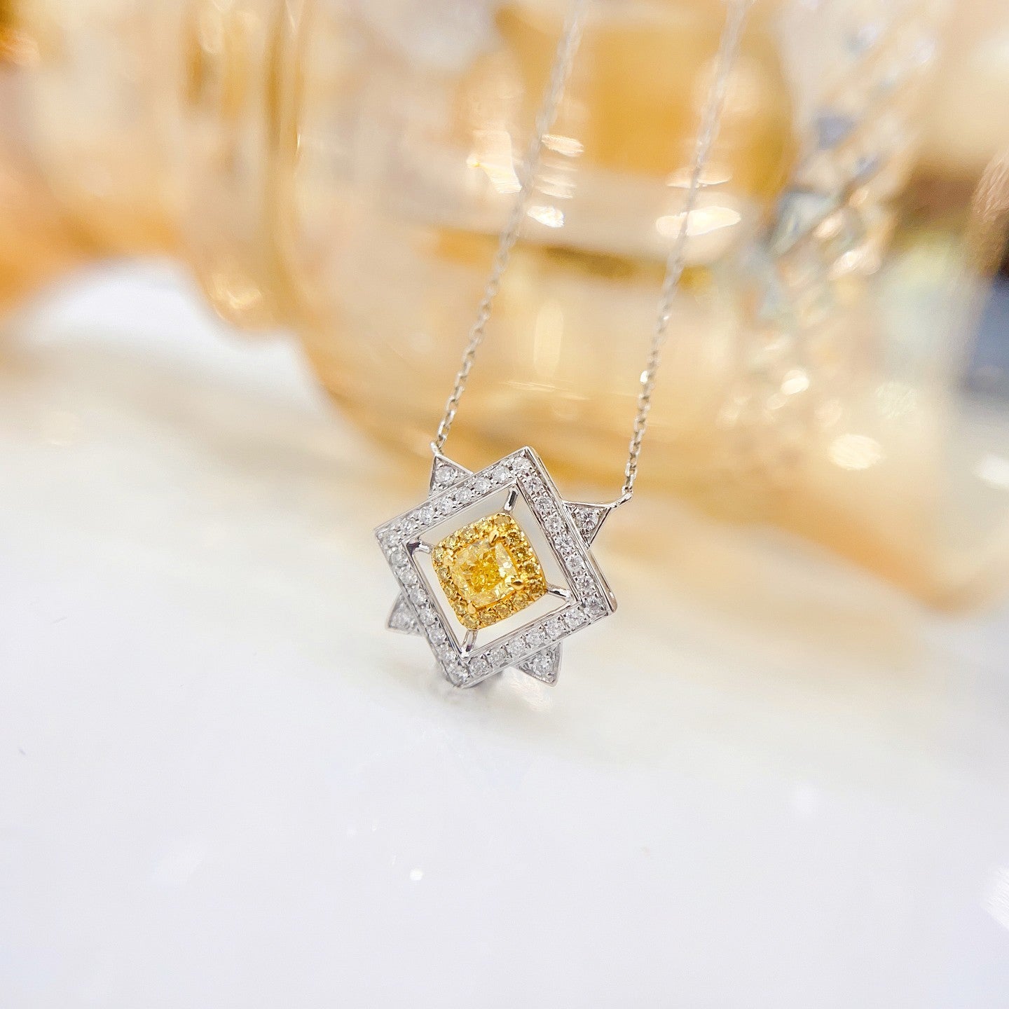 18K Yellow Gold Diamond Octagonal Necklace - Exquisite Jewelry - Yellow Diamond Necklace