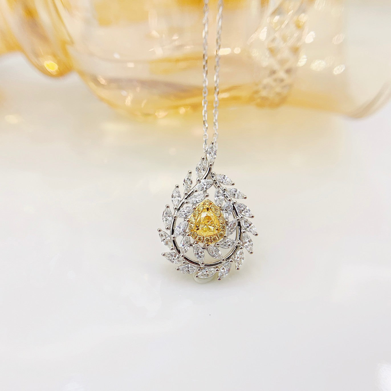 18K Yellow Gold Diamond Olive Branch Pendant Necklace - Fine Jewelry - Yellow Diamond Necklace