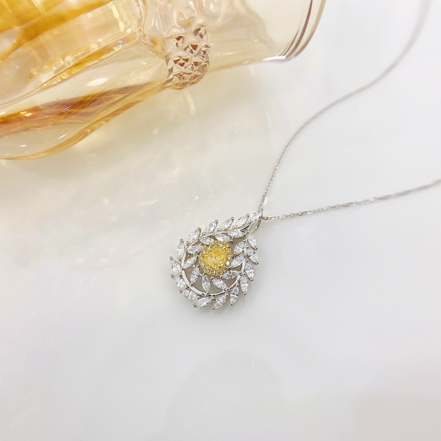 18K Yellow Gold Diamond Olive Branch Pendant Necklace - Fine Jewelry - Yellow Diamond Necklace