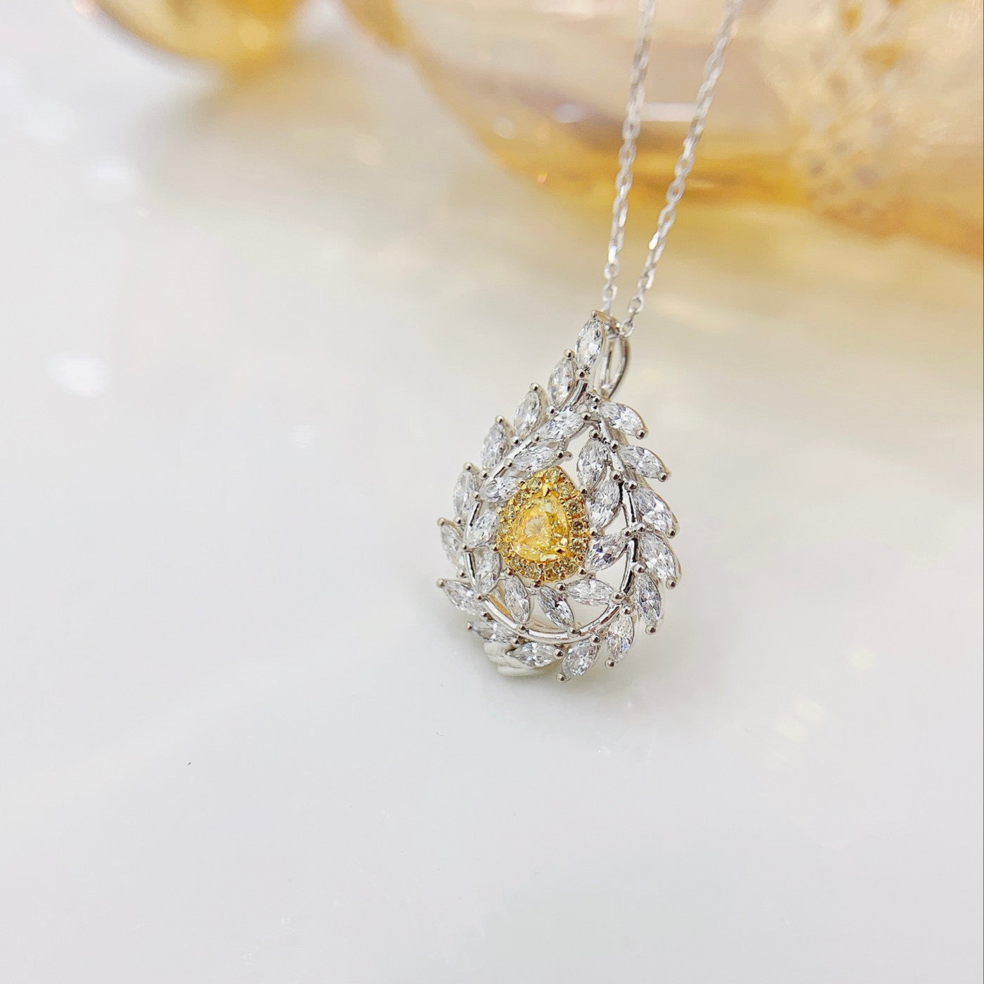 18K Yellow Gold Diamond Olive Branch Pendant Necklace - Fine Jewelry - Yellow Diamond Necklace