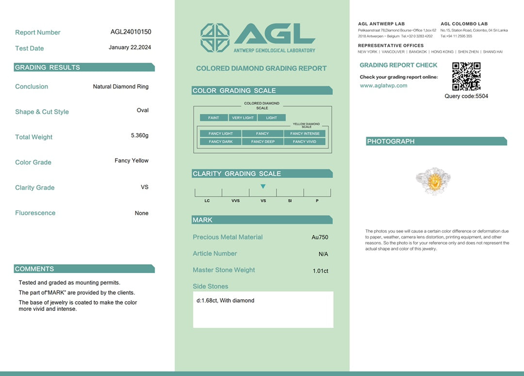 18K Yellow Gold Diamond Oval and Teardrop Interval Ring with AGL Certificate - Yellow Diamond Ring