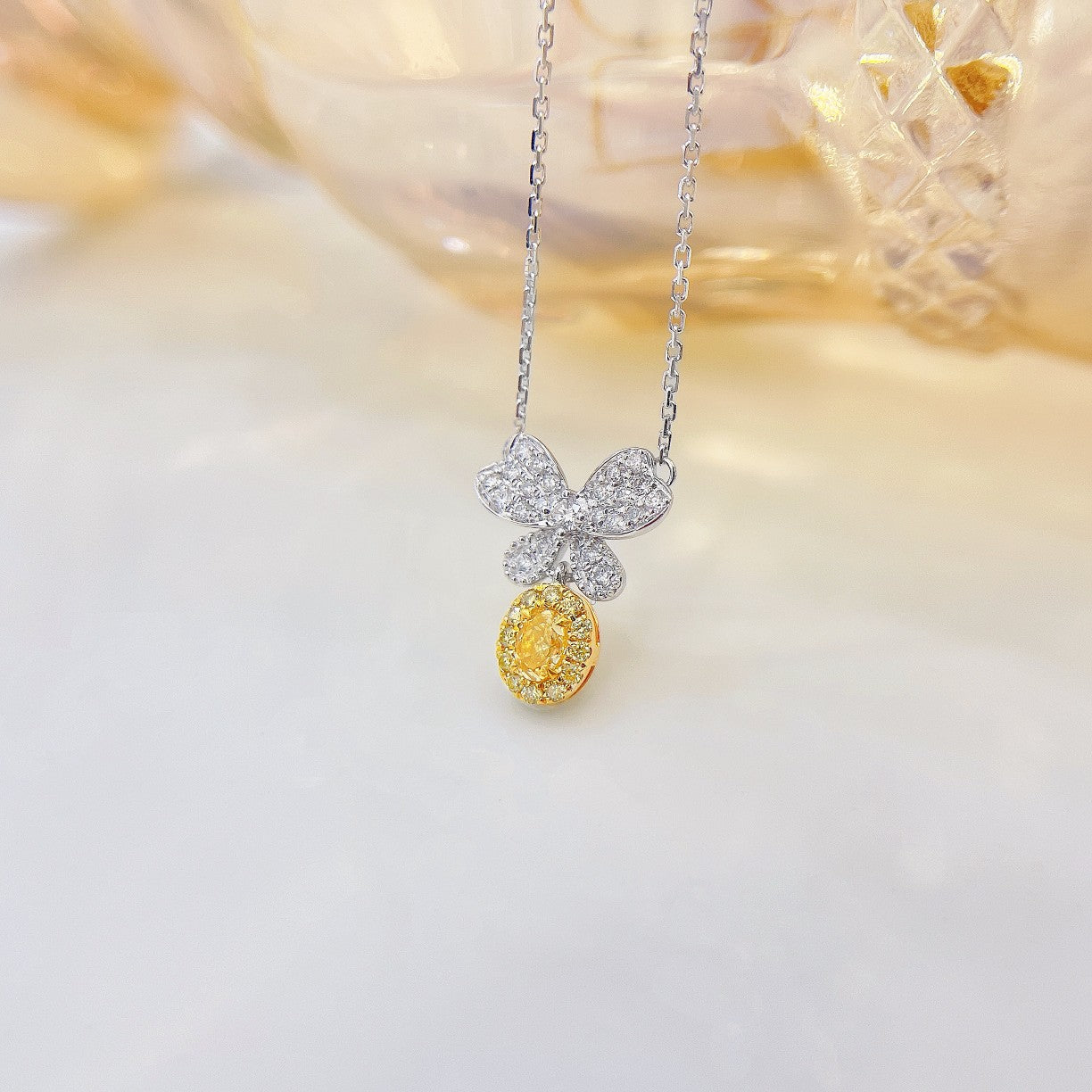 18K Yellow Gold Diamond Oval Butterfly Pendant Jewelry - Yellow Diamond Necklace