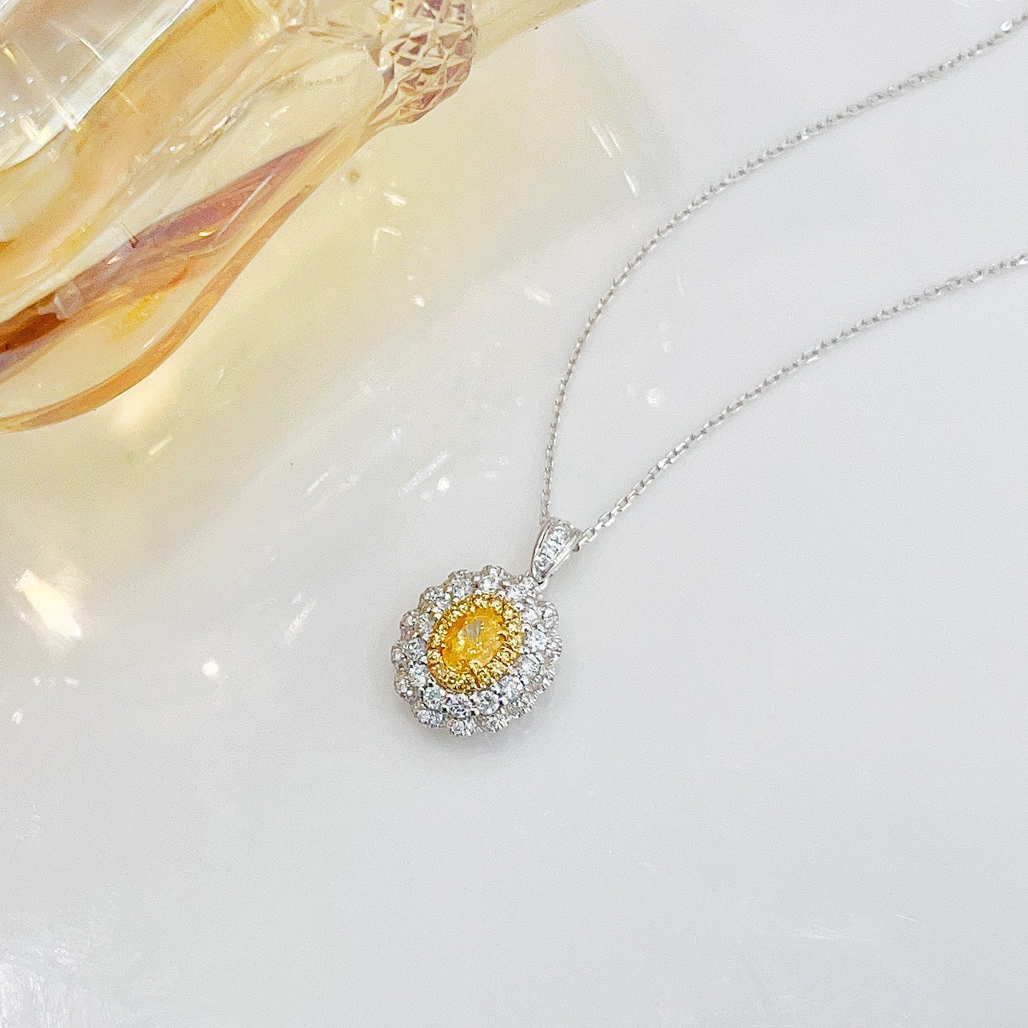 18K Yellow Gold Diamond Oval Cluster Necklace - Luxury Jewelry - Yellow Diamond Necklace