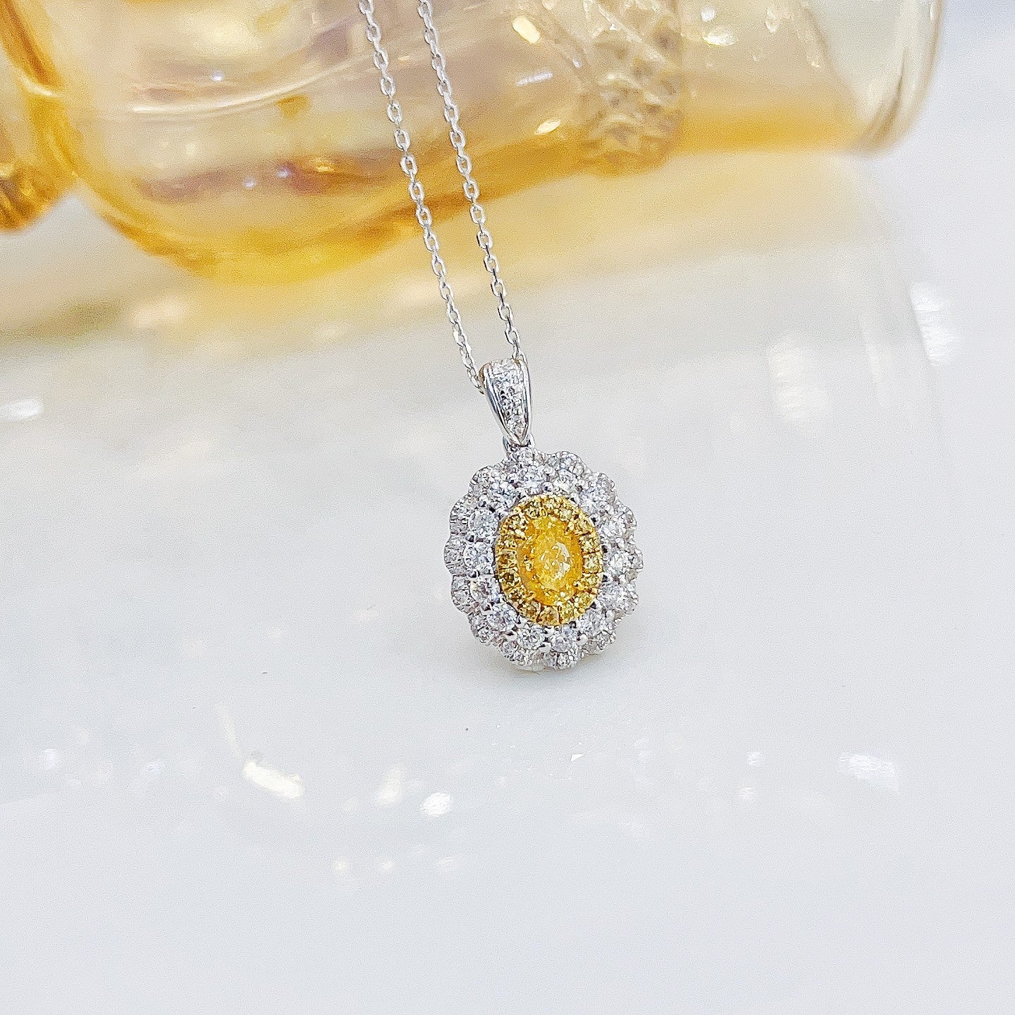 18K Yellow Gold Diamond Oval Cluster Necklace - Luxury Jewelry - Yellow Diamond Necklace