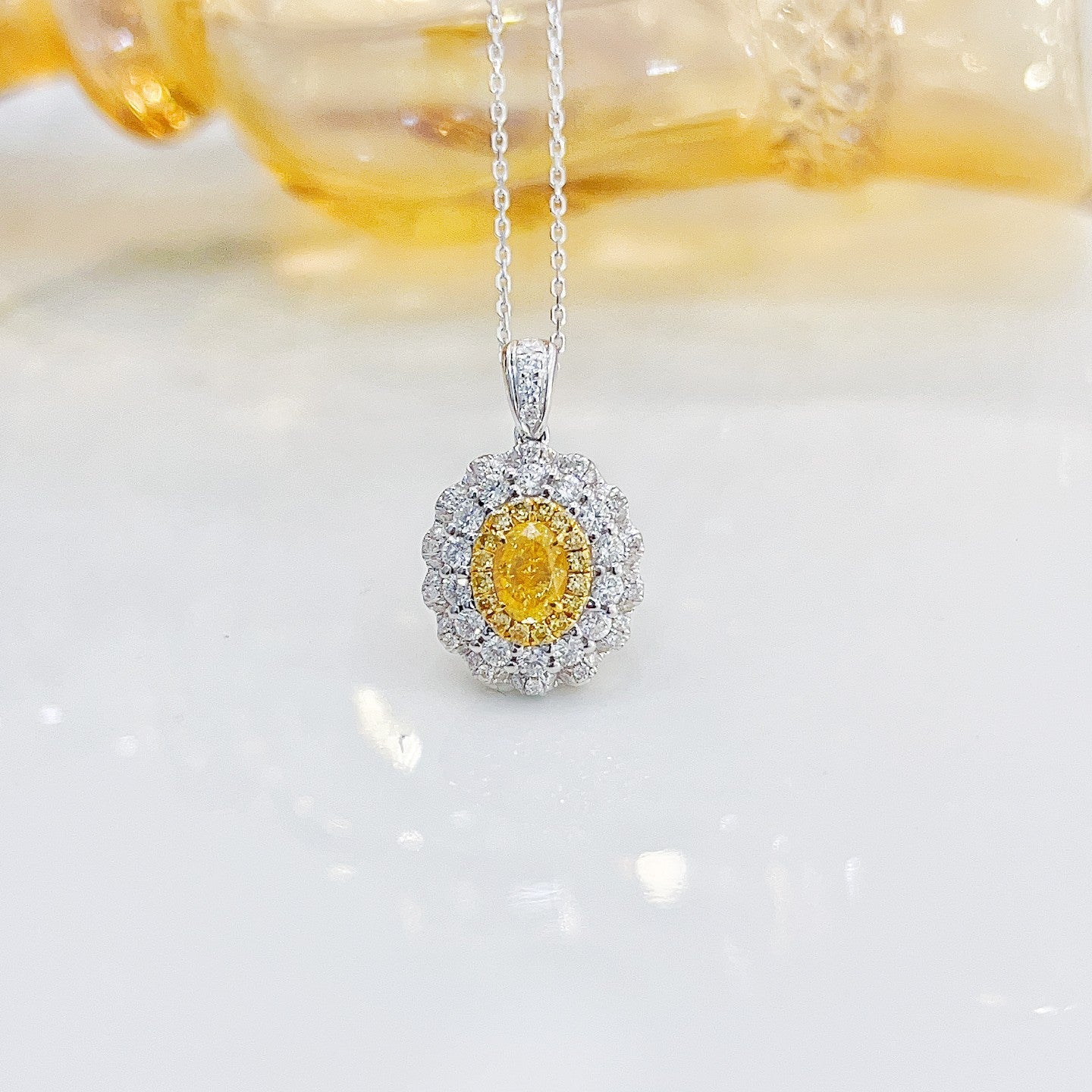 18K Yellow Gold Diamond Oval Cluster Necklace - Luxury Jewelry - Yellow Diamond Necklace