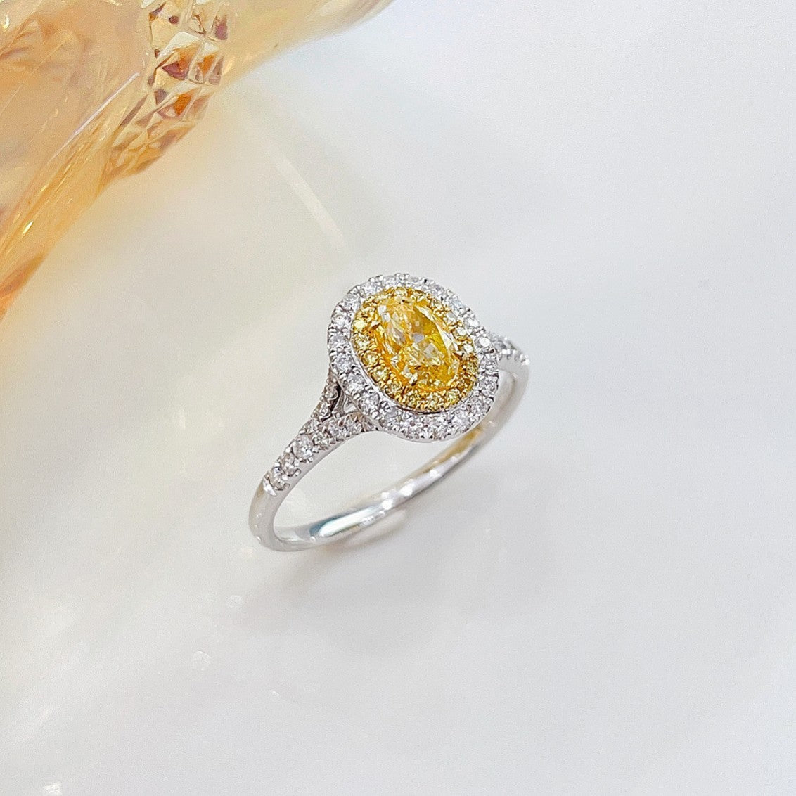 18K Yellow Gold Diamond Oval Cluster Y-Arm Ring - Luxury Jewelry - Yellow Diamond Ring