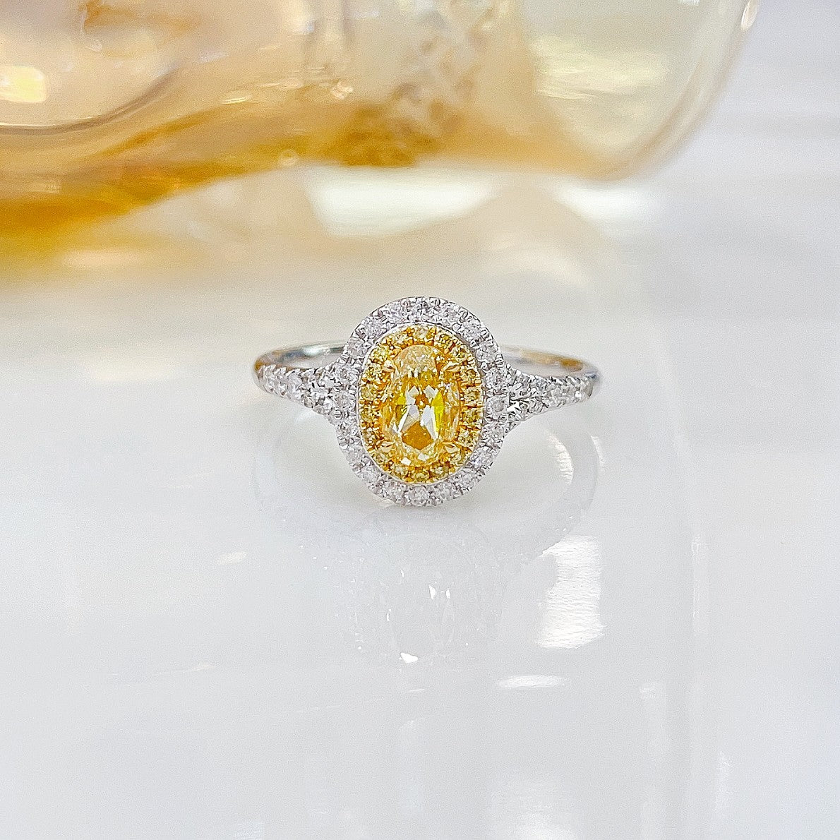 18K Yellow Gold Diamond Oval Cluster Y-Arm Ring - Luxury Jewelry - Yellow Diamond Ring