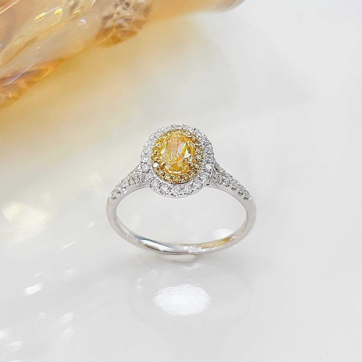 18K Yellow Gold Diamond Oval Cluster Y-Arm Ring - Luxury Jewelry - Yellow Diamond Ring