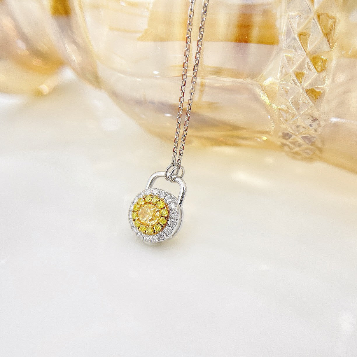 18K Yellow Gold Diamond Oval Lock Pendant Necklace - Yellow Diamond Necklace