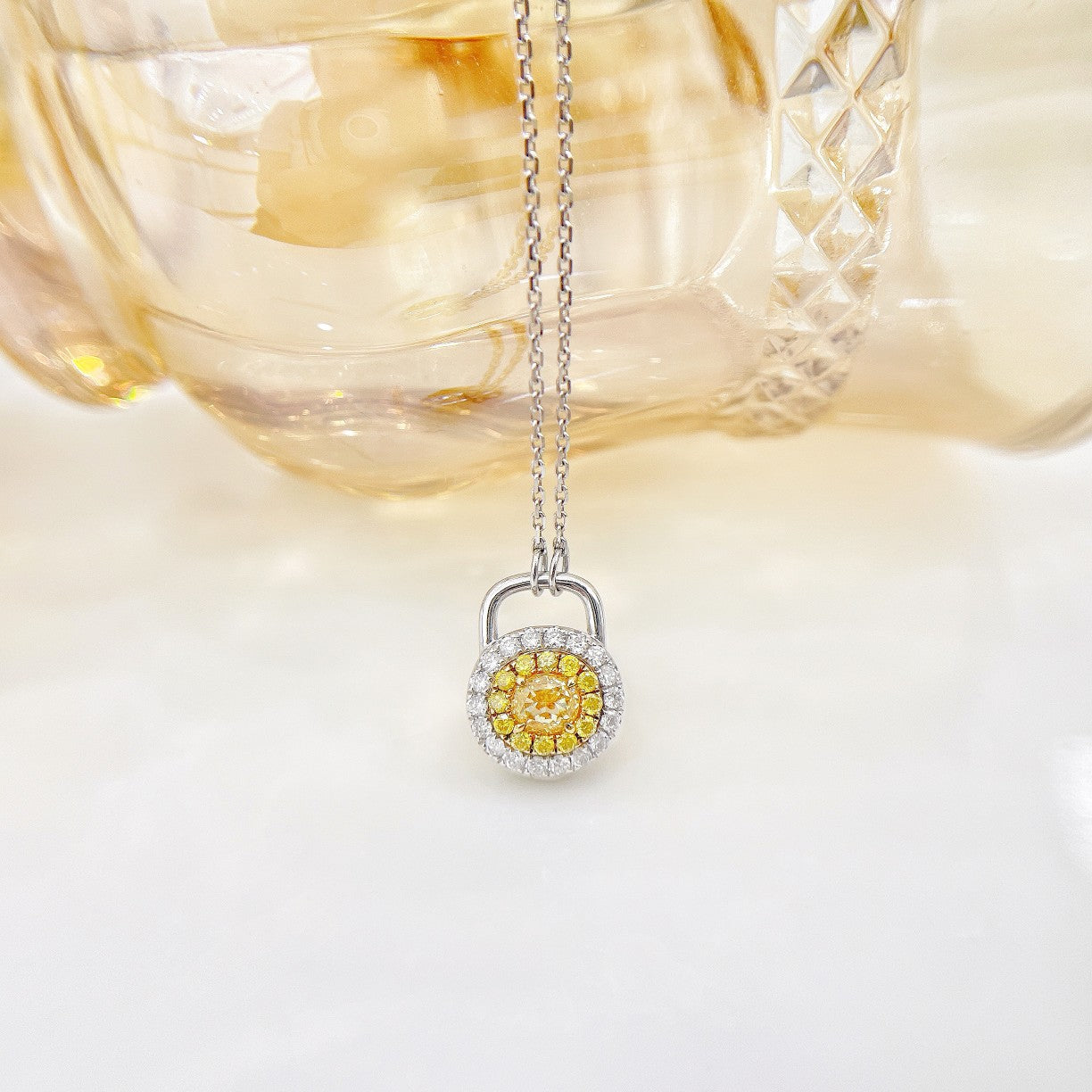 18K Yellow Gold Diamond Oval Lock Pendant Necklace - Yellow Diamond Necklace