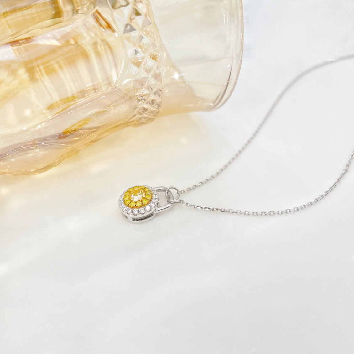 18K Yellow Gold Diamond Oval Lock Pendant Necklace - Yellow Diamond Necklace