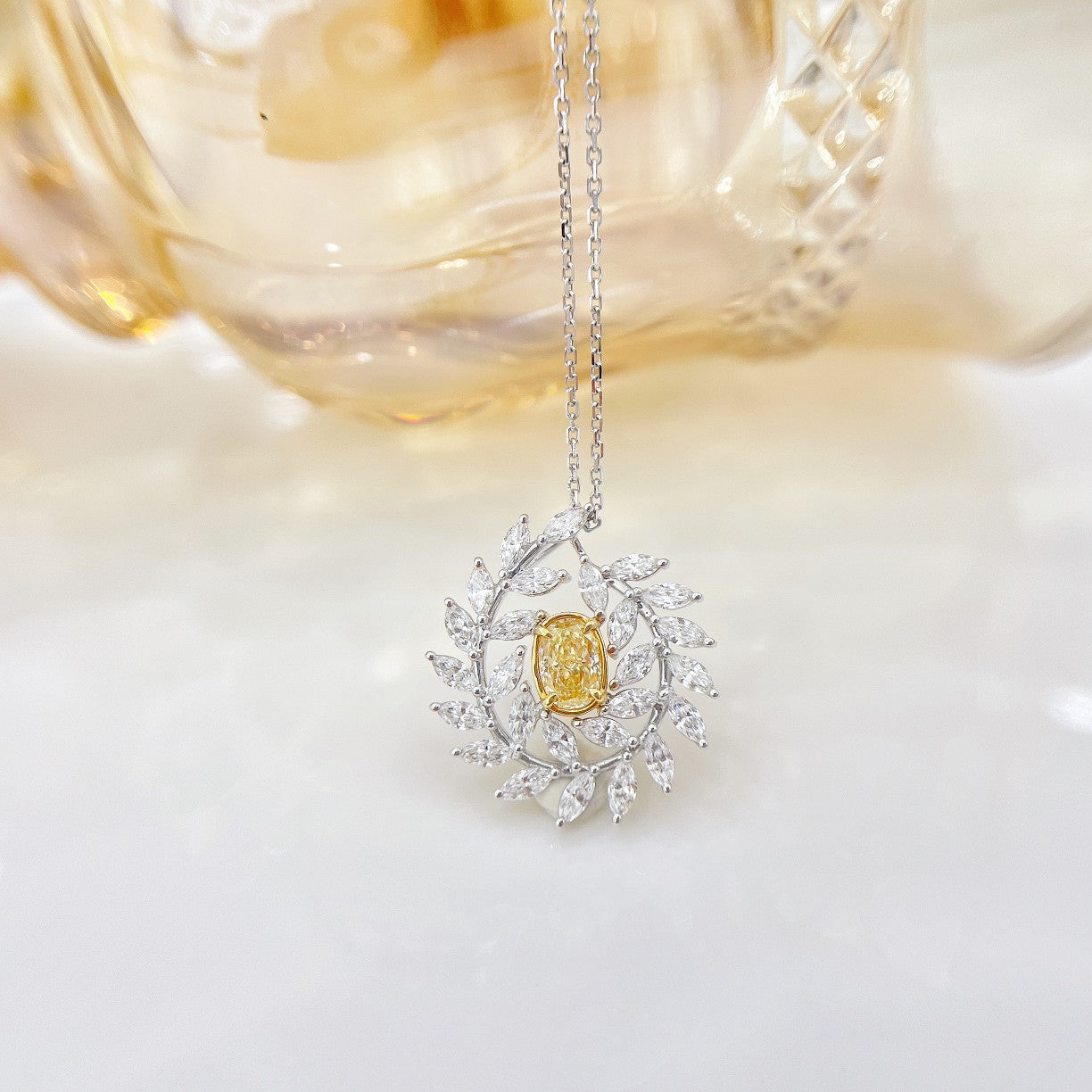 18K Yellow Gold Diamond Oval Olive Branch Necklace | Fine Jewelry - Yellow Diamond Necklace