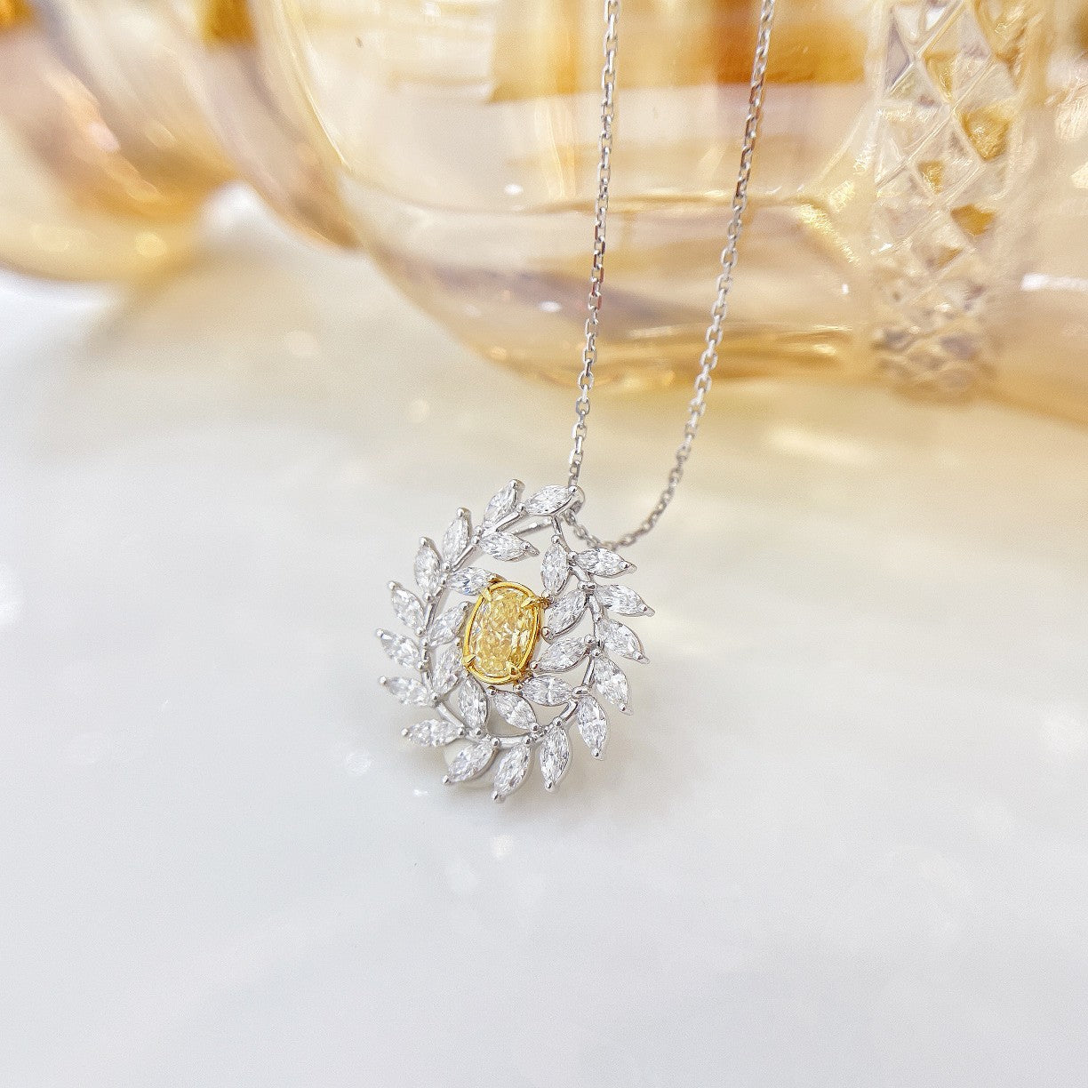 18K Yellow Gold Diamond Oval Olive Branch Necklace | Fine Jewelry - Yellow Diamond Necklace