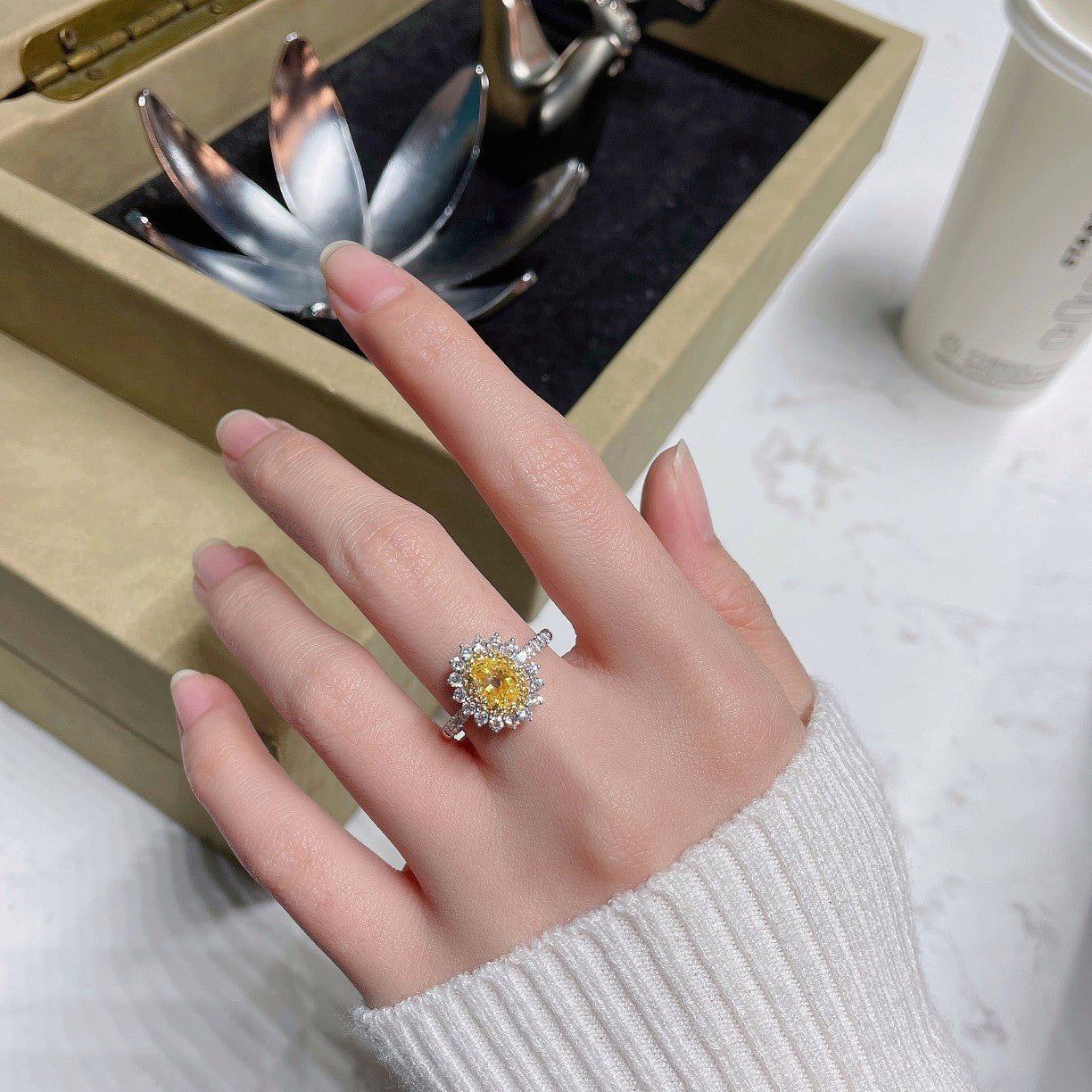 18K Yellow Gold Diamond Oval Sunflower Ring | Premium Jewelry - Yellow Diamond Ring