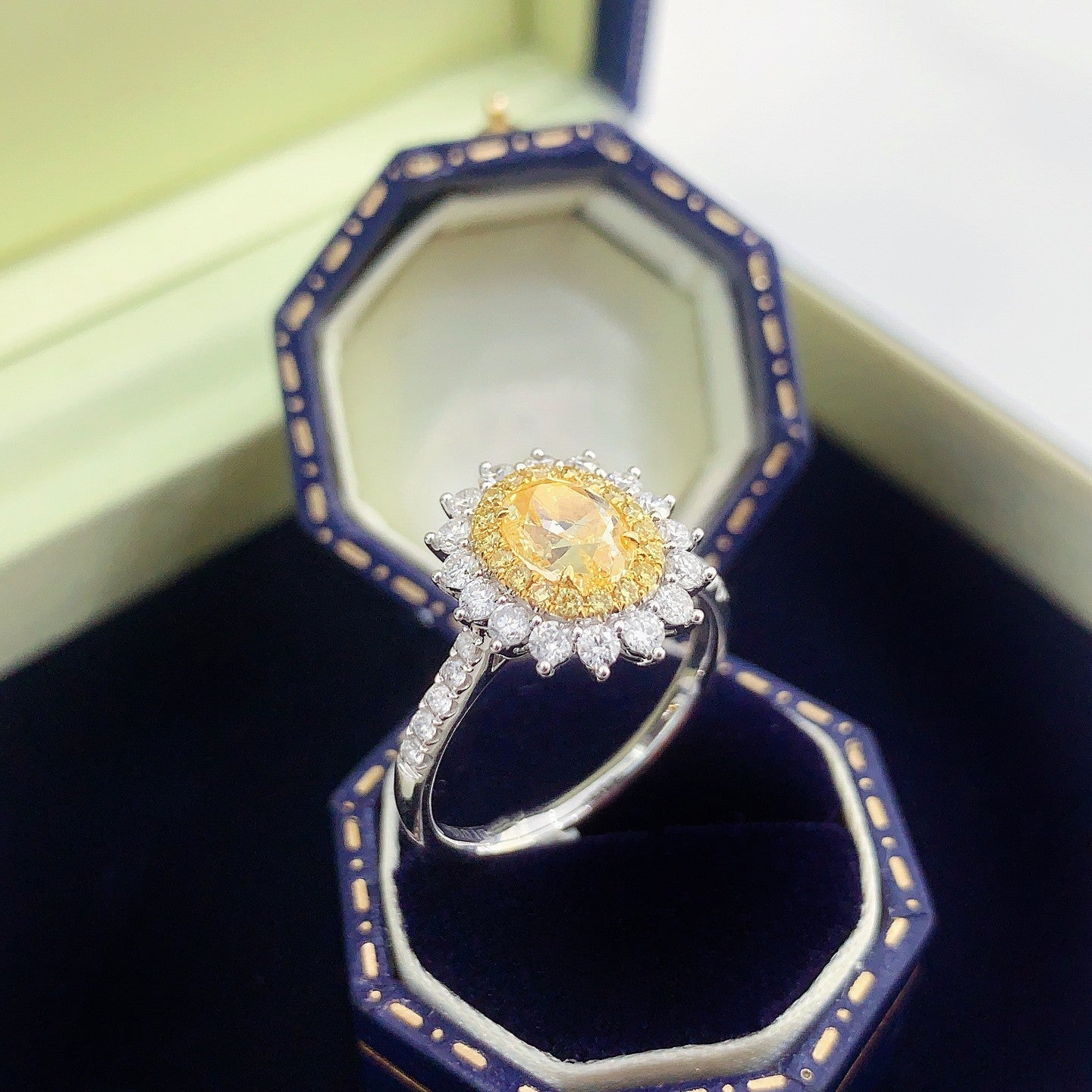 18K Yellow Gold Diamond Oval Sunflower Ring | Premium Jewelry - Yellow Diamond Ring