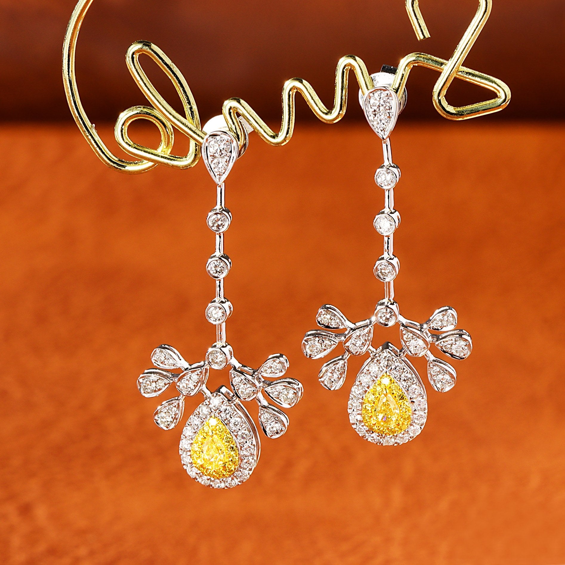 18K Yellow Gold Diamond Pear-Shaped Peacock Earrings - Luxury Jewelry Jeweler.Jewelry