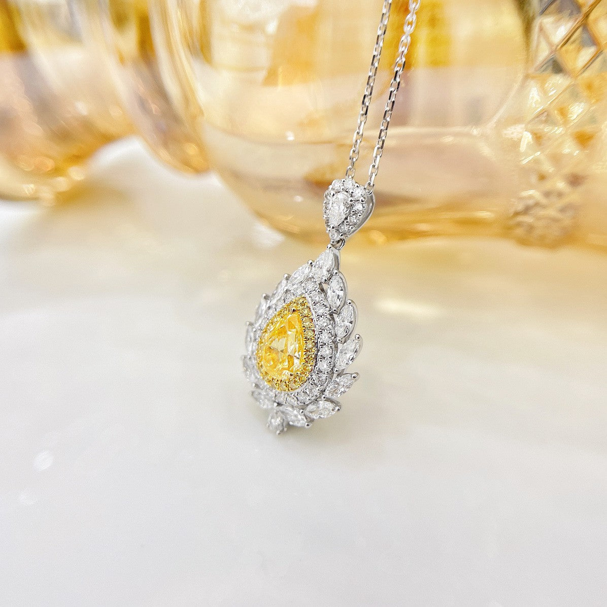 18K Yellow Gold Diamond Pendant with Marquise-shaped Leaf Design - Luxury Jewelry - Yellow Diamond Necklace