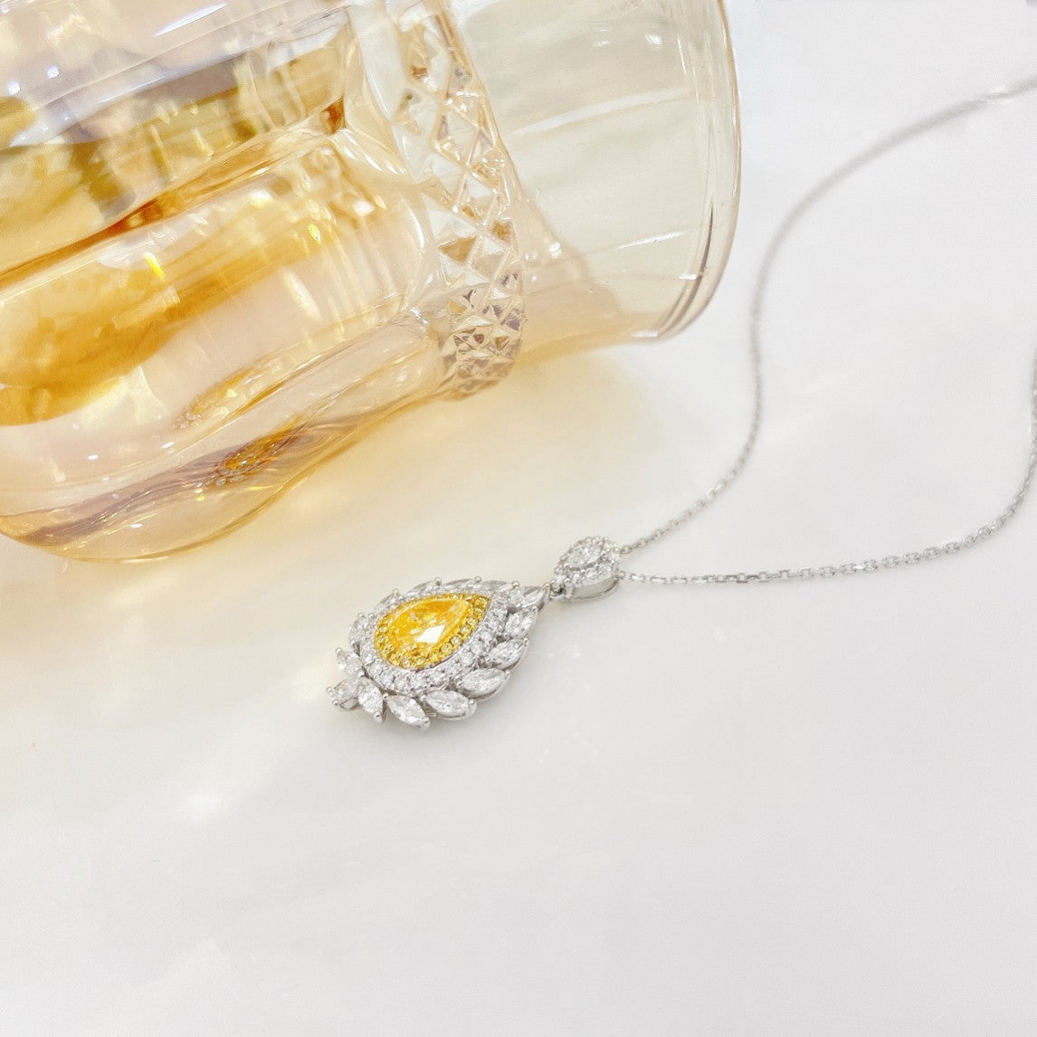 18K Yellow Gold Diamond Pendant with Marquise-shaped Leaf Design - Luxury Jewelry - Yellow Diamond Necklace