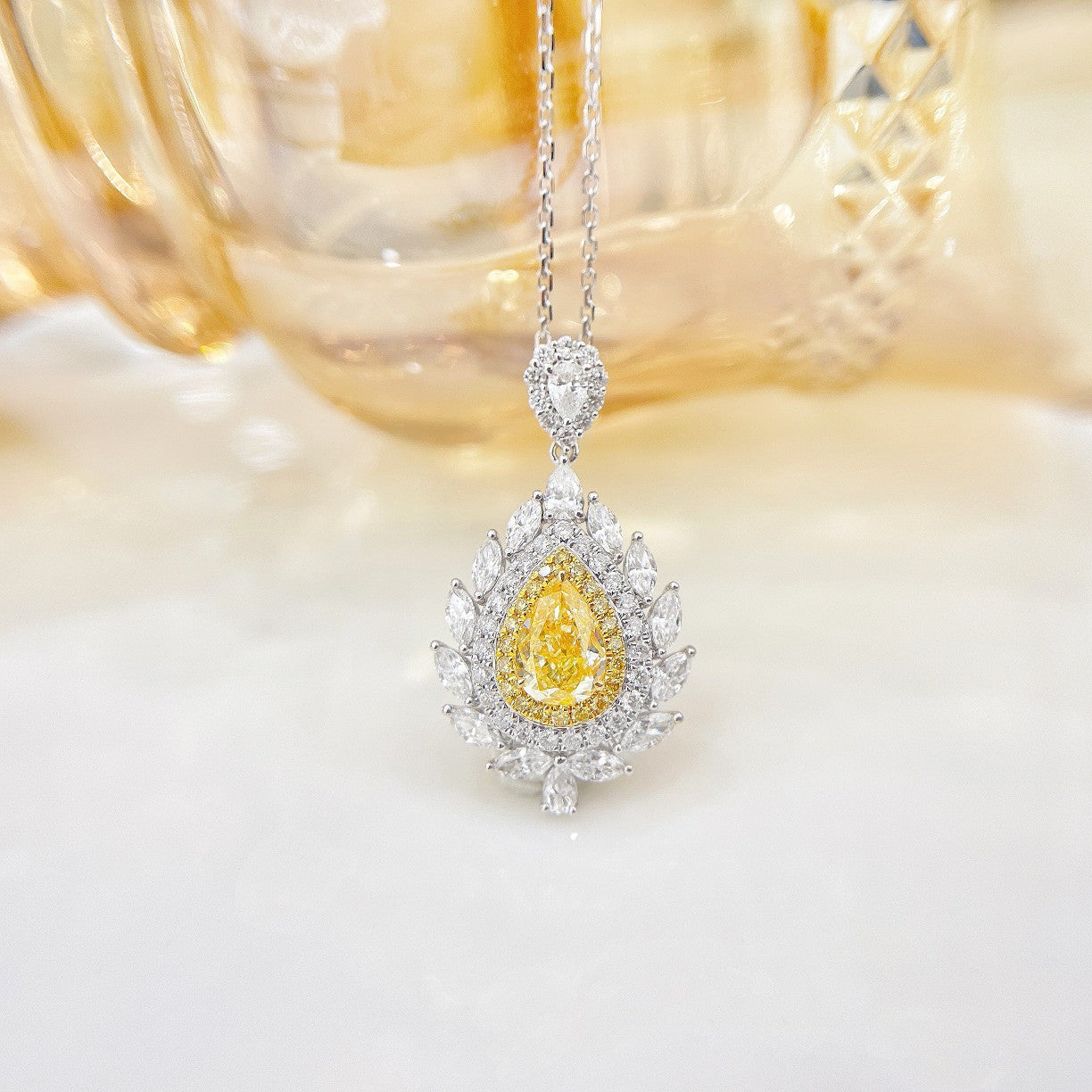 18K Yellow Gold Diamond Pendant with Marquise-shaped Leaf Design - Luxury Jewelry - Yellow Diamond Necklace