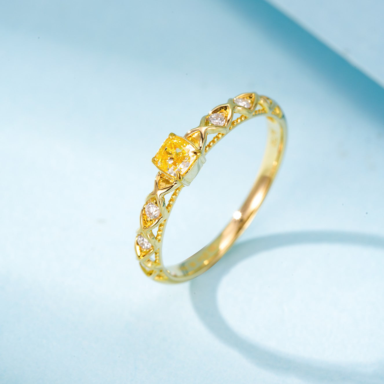 18K Yellow Gold Diamond Pillow Cross Ring - Premium Jewelry - Yellow Diamond Ring