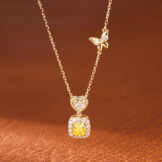 18K Yellow Gold Diamond Pillow Heart-Shaped Bezel Necklace - Yellow Diamond Necklace