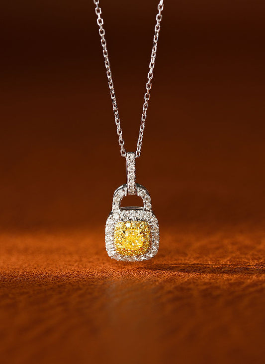 18K Yellow Gold Diamond Pillow Lock Pendant Necklace - Yellow Diamond Necklace