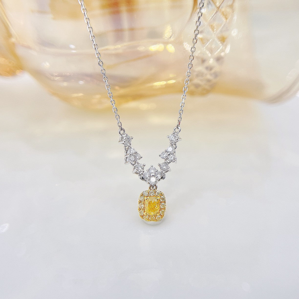 18K Yellow Gold Diamond Pillow Shape Circle Halo Necklace - Luxury Jewelry - Yellow Diamond Necklace