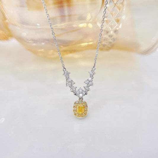 18K Yellow Gold Diamond Pillow Shape Circle Halo Necklace - Luxury Jewelry - Yellow Diamond Necklace