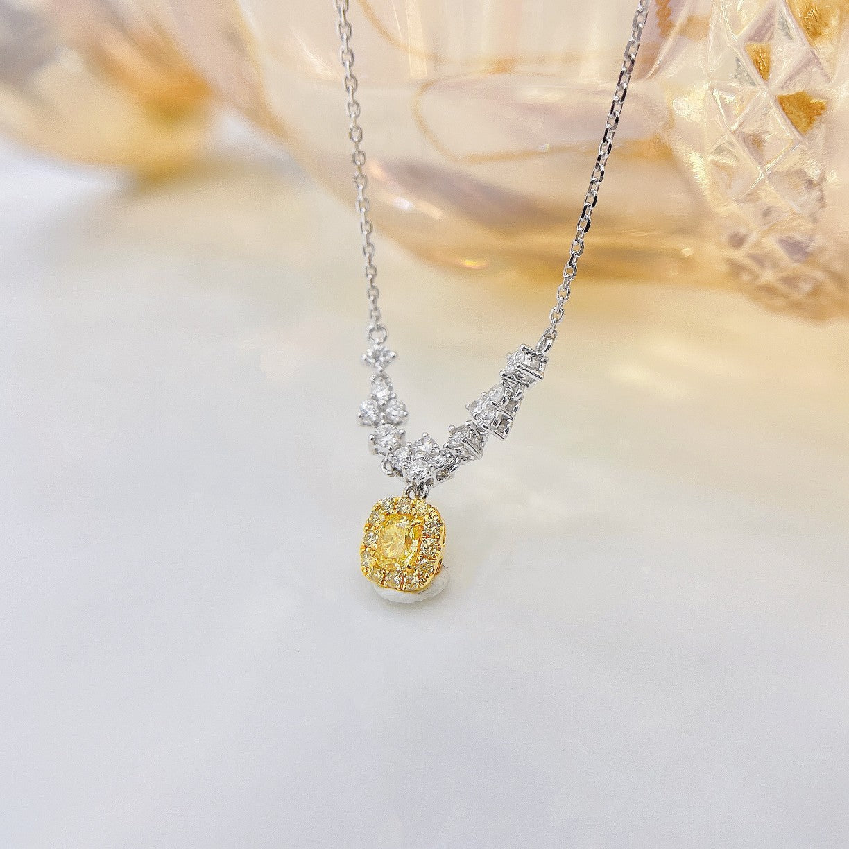 18K Yellow Gold Diamond Pillow Shape Circle Halo Necklace - Luxury Jewelry - Yellow Diamond Necklace