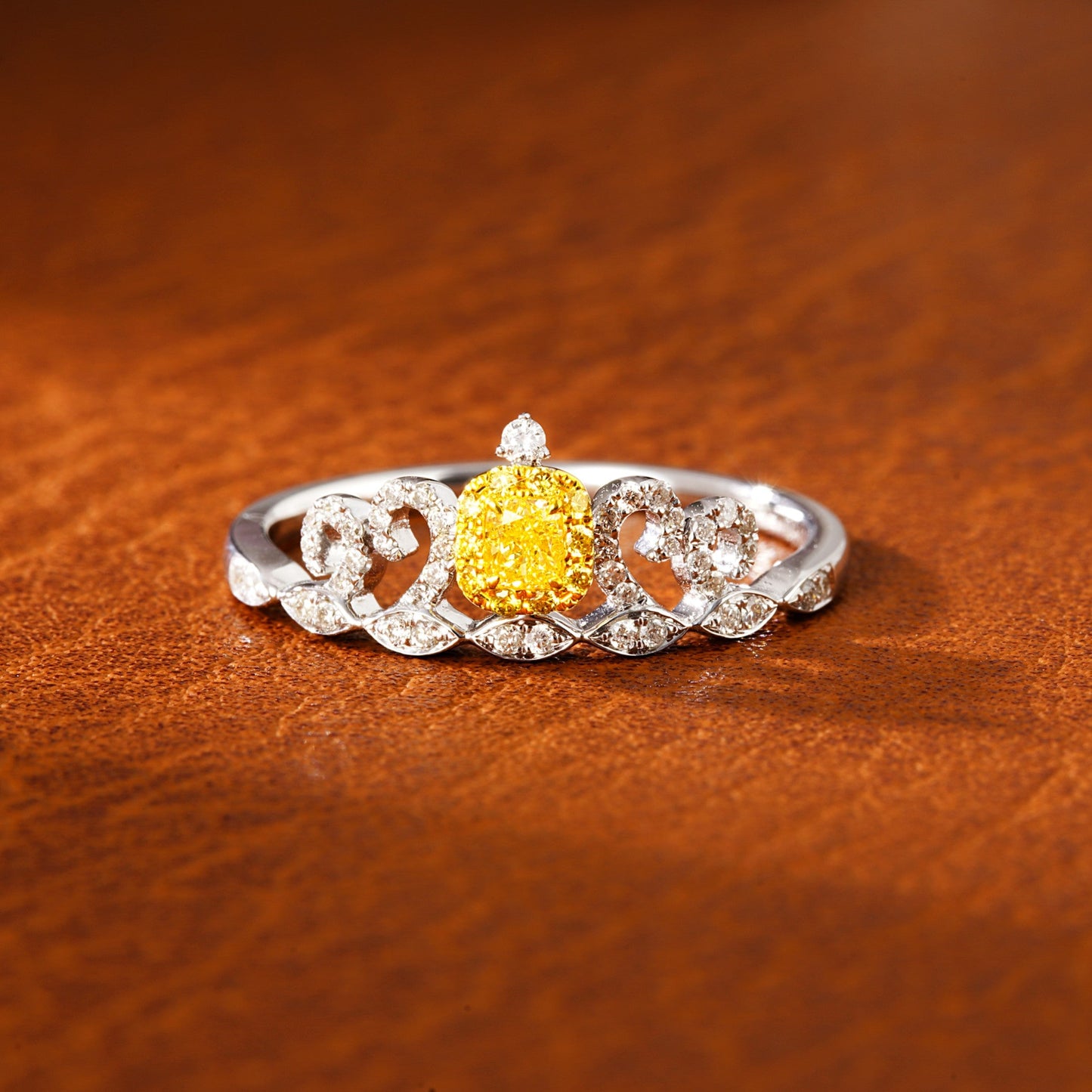 18K Yellow Gold Diamond Pillow Shape Crown Ring - Unique Jewelry Piece - Yellow Diamond Ring