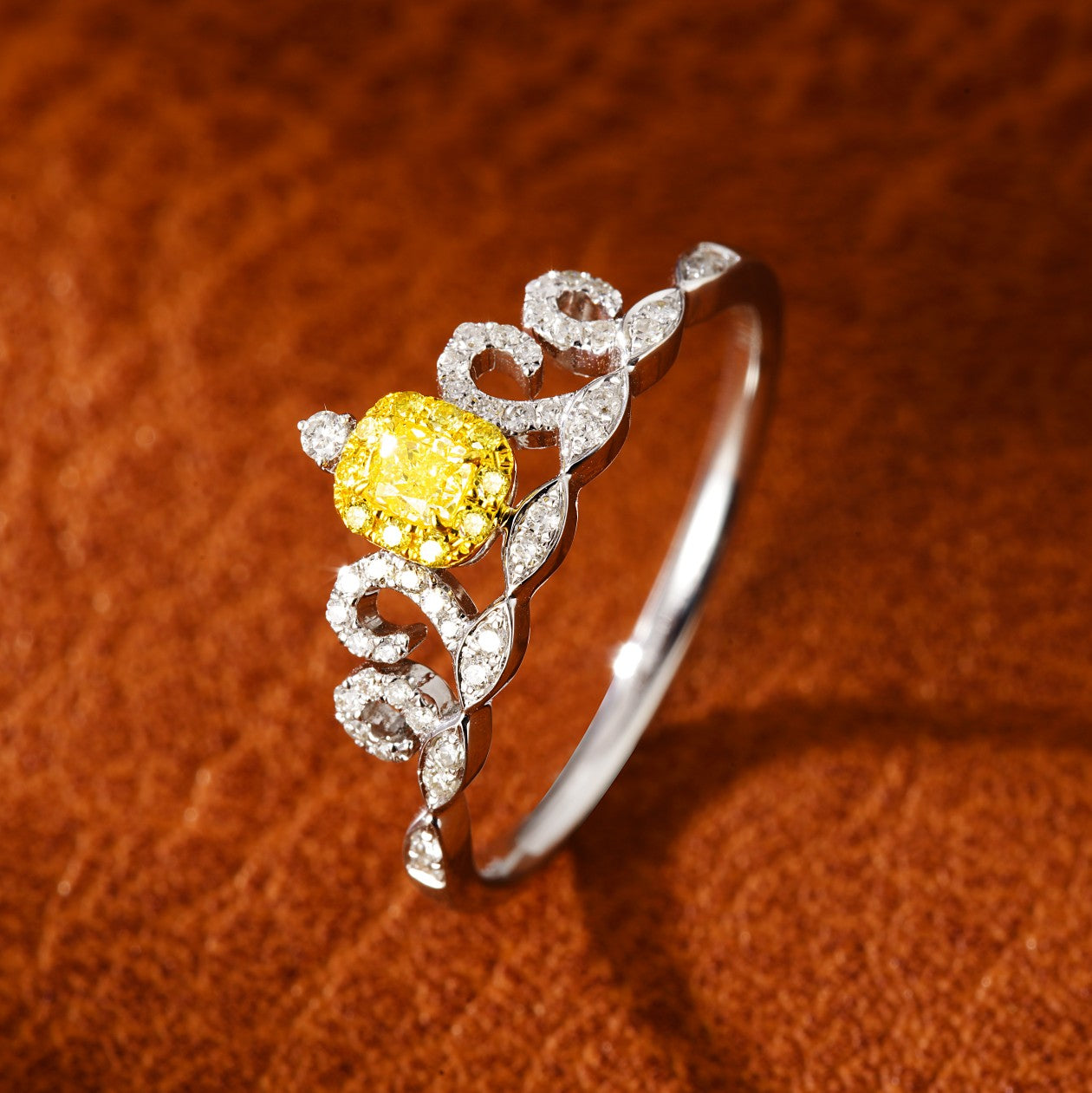 18K Yellow Gold Diamond Pillow Shape Crown Ring - Unique Jewelry Piece - Yellow Diamond Ring