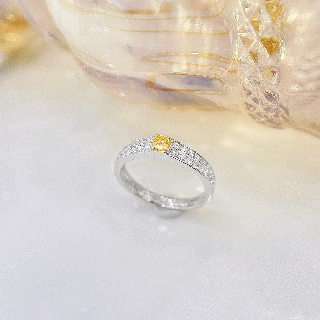 18K Yellow Gold Diamond Pillow Shape Double Row Ring - Luxury Jewelry - Yellow Diamond Ring