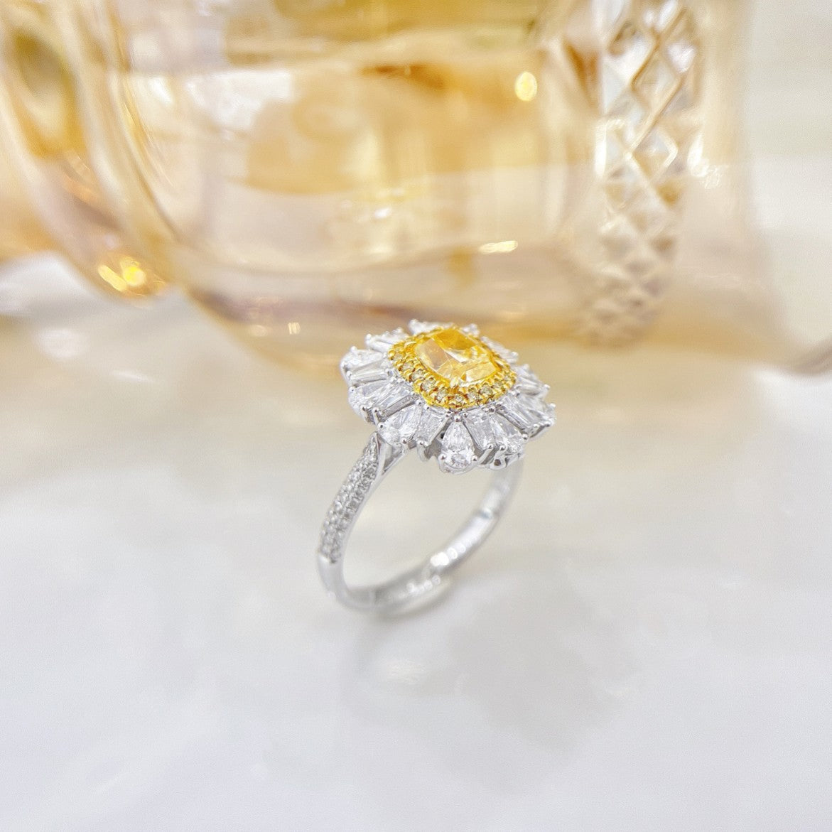 18K Yellow Gold Diamond Pillow Shape Double-Wear Ring with Luxurious Setting - Yellow Diamond Ring