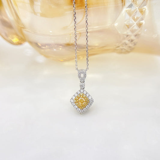 18K Yellow Gold Diamond Pillow Shape Halo Necklace - Yellow Diamond Necklace