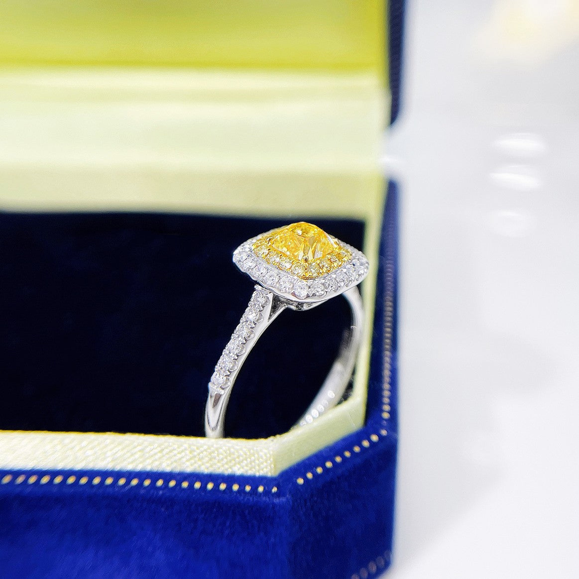 18K Yellow Gold Diamond Pillow Shape Halo Ring - Premium Jewelry - Yellow Diamond Ring