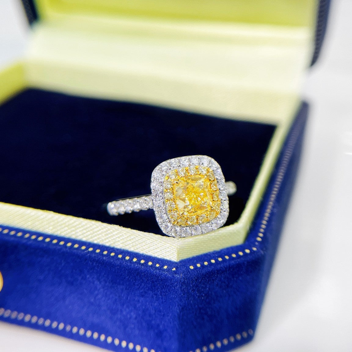 18K Yellow Gold Diamond Pillow Shape Halo Ring - Premium Jewelry - Yellow Diamond Ring